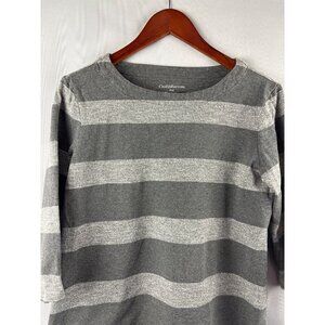 Croft & Barrow Womens Petite Medium Gray & White Striped 3/4 Sleeve Top Cotton